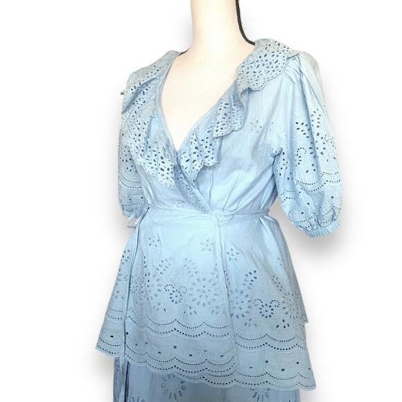 Roller Rabbit Eyelet Lace Wrap Skirt Puff Sleeve Blouse Sz S Light Blue - Picture 3 of 16